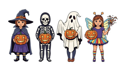 Halloween Fantasy: Four children are in Halloween costumes, embracing the spooky spirit. A witch, skeleton, ghost, and fairy holding a pumpkin, celebrating All Hallows' Eve with charm.
