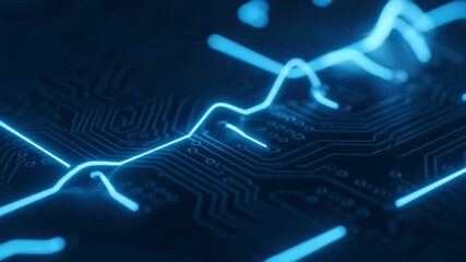 Abstract Glowing Blue Lines Pulsating Over Electronic Circuit Pathways - Powered by Adobe
