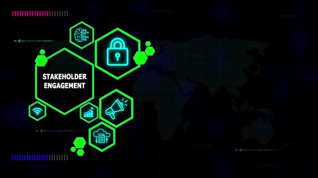 Global stakeholder engagement  conceptual illustration showcasing global business strategy, collaboration, and innovative ideas with modern abstract graphics and international connectivity elements.