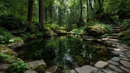 Obraz premium Serene forest landscape featuring a tranquil pond reflecting vibrant green trees, bordered by mossy rocks and a stone path.
