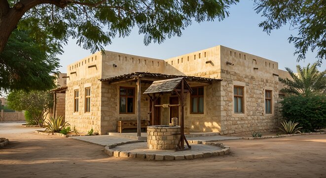 Traditional architecture building with a water well under a bright sky