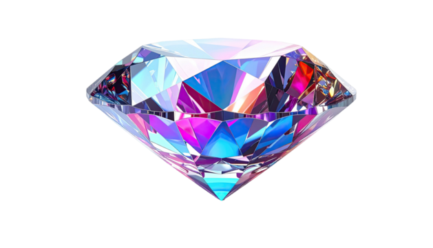 A brilliant-cut, iridescent gemstone, showcasing a spectrum of light reflections