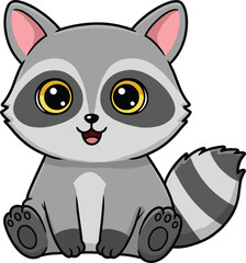 Cute cartoon raccoon sitting, happy animal character, adorable baby raccoon illustration, funny wildlife mascot, gray forest animal drawing, children art design