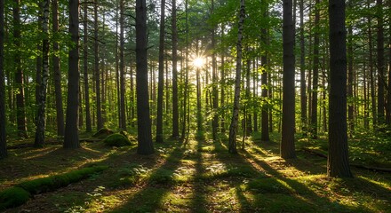 Obraz premium Sunlight streams through a dense forest casting shadows on the forest floor