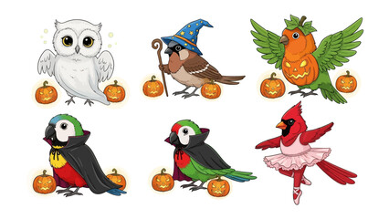 Halloween Avian Showcase: A whimsical illustration unveils an array of enchanting bird characters, each adorned in captivating costumes. They are all set in front of carved pumpkins.
