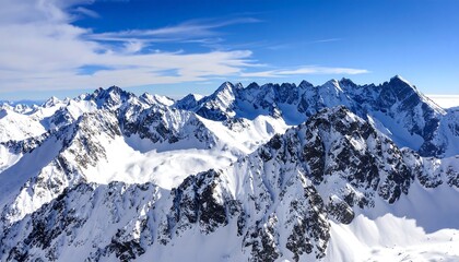 Panoramic view of snow-capped mountains under a vibrant blue sky