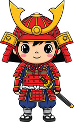 Cute cartoon samurai warrior character in traditional Japanese red armor, holding sword, cultural heritage illustration, martial art fighter, Asian costume design