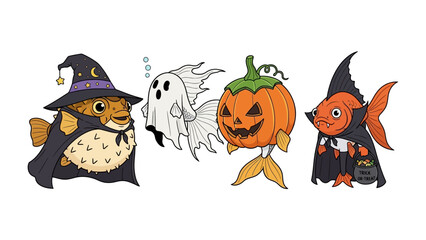 Halloween Fish Parade: A whimsical illustration showcases a delightful procession of sea creatures, each adorned in imaginative Halloween costumes, bringing the magic of All Hallow's Eve to life.