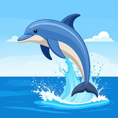 Obraz premium A cartoon dolphin leaps out of the ocean, creating a splash of water against a blue sky with fluffy white clouds.