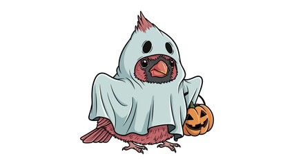 Halloween Cardinal: A cute illustration shows a cardinal dressed in a ghost costume holding a carved pumpkin, embodying the spirit of Halloween.