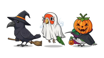Halloween Birds: A fun and whimsical illustration of three birds dressed in festive Halloween costumes, a crow in a witch hat, a parrot in a ghost costume and a hummingbird with a pumpkin head.