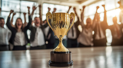 Business success concept with golden cup award on office desk, blurred team members celebrating behind, symbol of achievement, corporate victory, and leadership recognition.