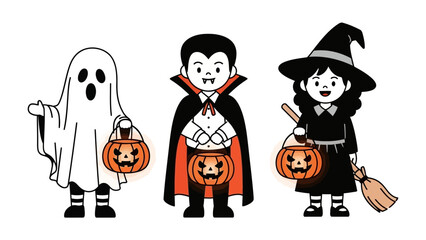 Halloween Trio: Captivating cartoon trio, each with a unique costume and beaming with anticipation, clutches pumpkin buckets, bringing a dash of whimsy and festive fun. 