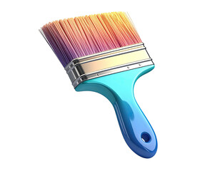 Digital rendering of a paint brush with bright, colorful bristles and blue handle