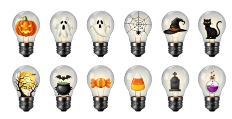  Halloween Light Bulbs Set – 12 Edison Bulbs with Pumpkin, Ghost, Spider Web, Witch Hat, Black Cat, Bat, Cauldron, Candy, Candy Corn, Gravestone and Potion Icons, Isolated on White
