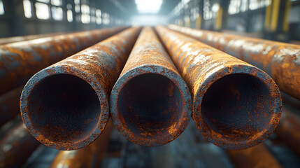 Rusty steel pipes macro close-up with textured weathered surface, blurred background illustrating infrastructure, building materials, heavy industry, and metal strength.