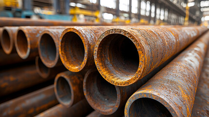 Macro view of corroded rusty steel pipes showing textured hollow ends, industrial background illustrating heavy-duty construction, infrastructure, and metal manufacturing.