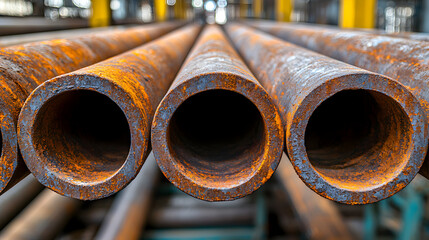 Close-up of rusted steel pipes with corroded textured surface and hollow ends, industrial background highlighting construction, manufacturing, infrastructure, and heavy-duty metal materials.