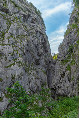 Höllentalklamm gorge in the Bavarian Alps, narrow rocky canyon with steep limestone walls
