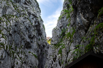 H&ouml;llentalklamm gorge in the Bavarian Alps, narrow rocky canyon with steep limestone walls