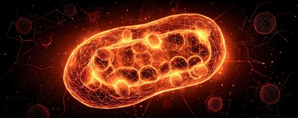 A stylized glowing orange mitochondrion at the center of cellular energy production
