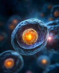 Microscopic view of vibrant biological cells with glowing nuclei in a dark abstract environment