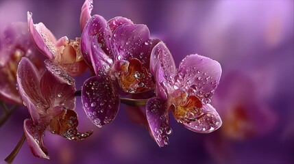 Close-up of vibrant purple orchid flowers with water droplets on petals, detailed floral image with soft purple background and natural lighting