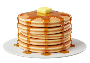 Isolated stack of delicious fluffy golden pancakes with melting butter and sweet maple syrup on a plate ready for breakfast or dessert