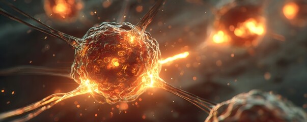 Microscopic view of glowing cells interconnected by luminous energy pathways suggesting advanced biological processes or cellular communication