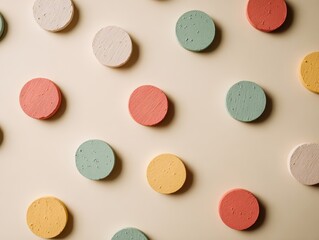 Obraz premium Assorted round pastel tablets or pills scattered on a light neutral background creating a vibrant and colorful pattern