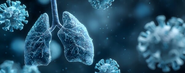Digital illust n of human lungs surrounded by virus particles symbolizing respiratory infection and disease