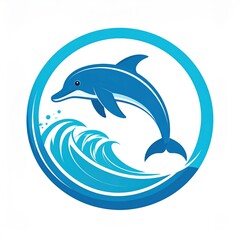 Fototapeta premium A blue dolphin leaps from a stylized wave inside a blue and white circular frame.