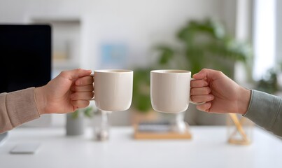 Symmetrical framing focusing on the space between two coworkers. They are clinking their coffee cups together in a casual cheers moment.