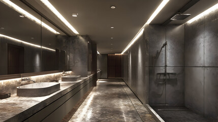 Fototapeta premium Modern bathroom showcases spa-inspired luxury in warm lighting