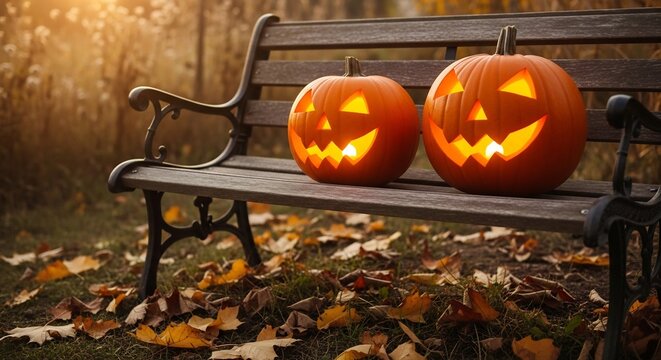 Two jackolanterns glow on a park bench amid fallen leaves in a warm autumnal setting