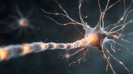 A highly detailed digital illust n of a biological neuron firing signals