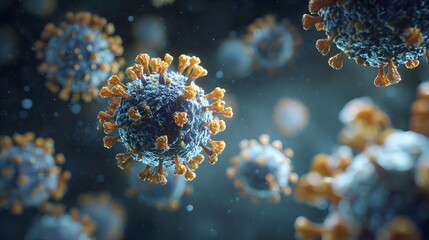 Detailed microscopic visualization of coronavirus particles symbolizing infection and global health