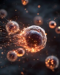 Close up microscopic view of a luminous cell fragmenting surrounded by glowing particles and bokeh lights on a dark background