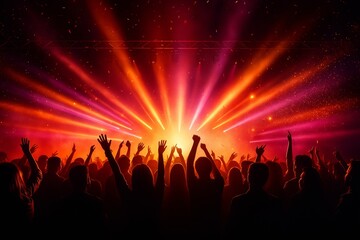 Dynamic concert scene with silhouettes of cheering crowd under intense red, orange, and purple stage lights.	
