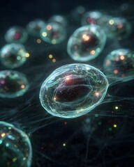 Microscopic view of luminous  cells with glowing internal structures in a futuristic ethereal network