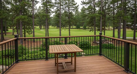 Obraz premium Wooden deck with table overlooking green landscape and tall trees