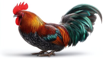 Fototapeta premium Rooster's Vivid Display: A close-up shot captures the stunning vibrant details of a rooster, showcasing its proud stance, iridescent plumage and prominent red comb.