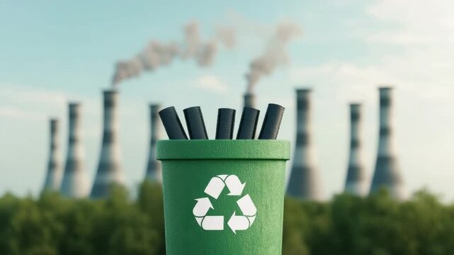 Green Recycling Bin Filled with Plastic Straws in Front of Industrial Smoke Stacks Emitting Pollution and Waste 4k video footage
