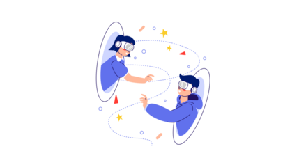 Illustration of two people interacting in virtual reality, connected by curved lines, wearing headsets.