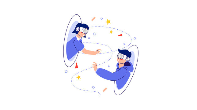Illustration of two people interacting in virtual reality, connected by curved lines, wearing headsets.