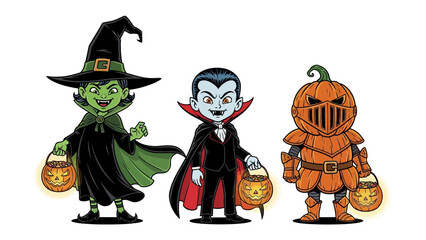 Halloween Trio: A charming cartoon of a witch, vampire, and pumpkin head character in Halloween celebration, carrying lanterns with gleeful smiles. 