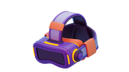 A 3D rendering of a virtual reality headset with purple, orange, and yellow accents on a white background.