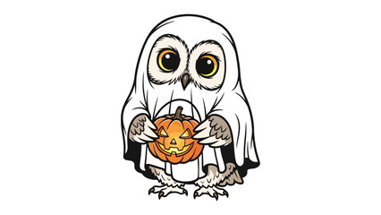 A Spooky Owl and Pumpkin: A charming illustration of a cute owl dressed in a ghost costume, holding a carved pumpkin, symbolizing the joyful spirit of the Halloween holiday.