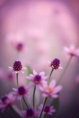 Fototapeta premium Vibrant Purple and Pink Wildflowers Macro with Deep Magenta Centers and Ethereal Bokeh Background