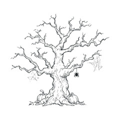 Spooky tree with pumpkins and spooky decorations for Halloween fun. Vector hand drawn illustration